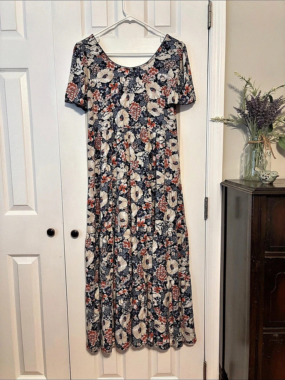Natural Life Collette Tiered Maxi Dress Floral Blue & Orange Size Small